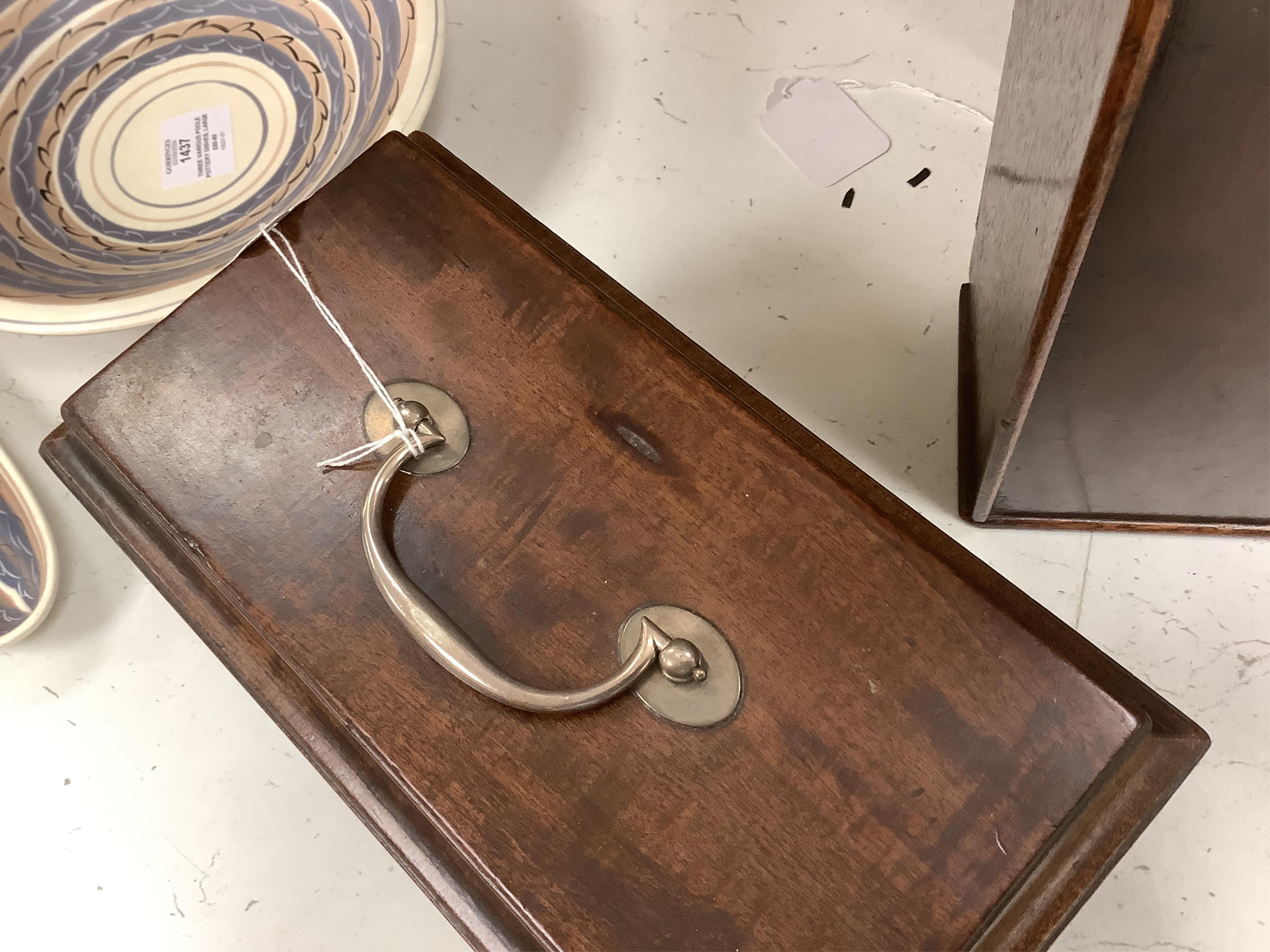 A late 18th century mahogany tea caddy and a similar candle box, 52cm. Condition - fair